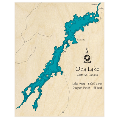 Bathymetric topo map of Oba Lake with roads, towns and depths noted in blue water