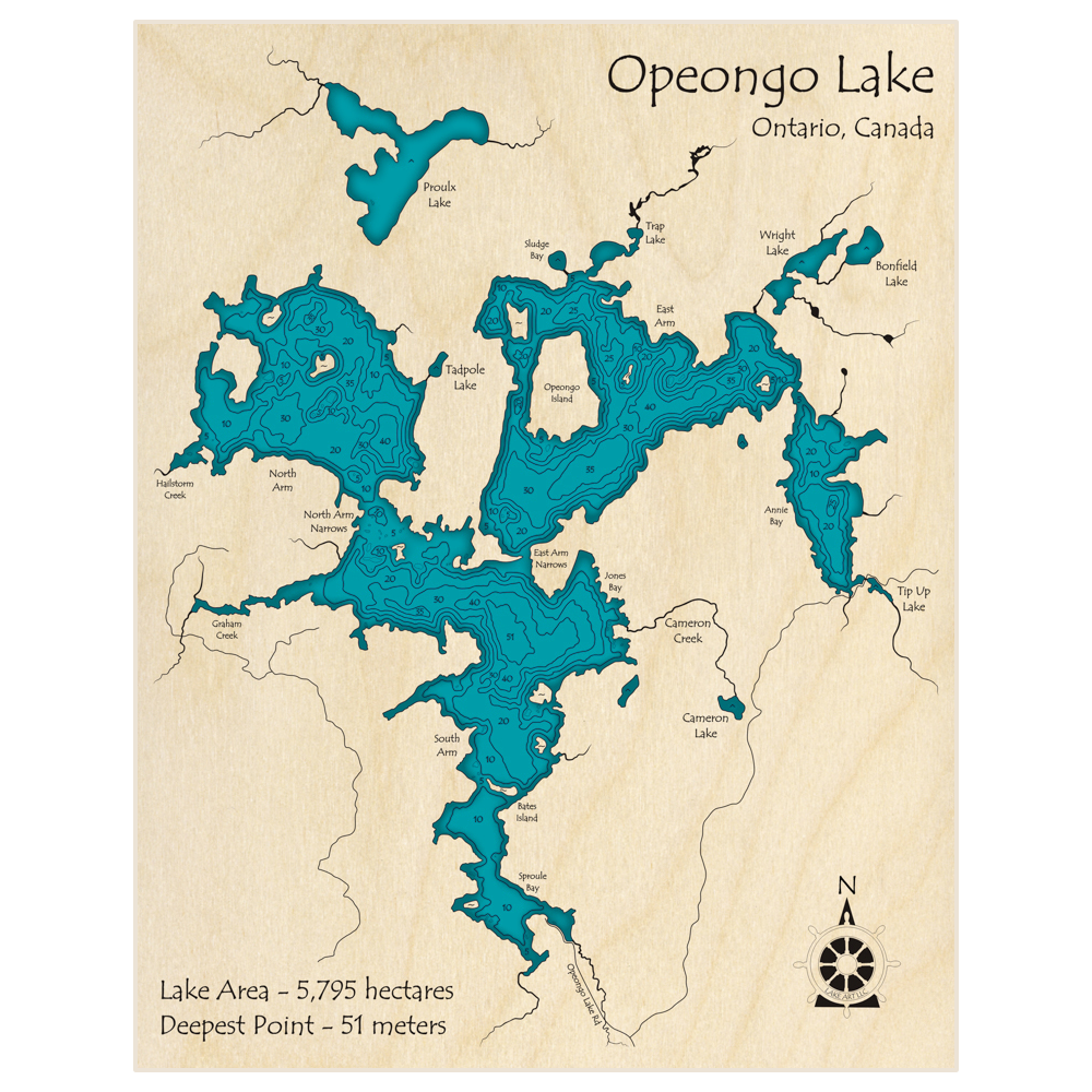 Bathymetric topo map of Opeongo Lake with roads, towns and depths noted in blue water