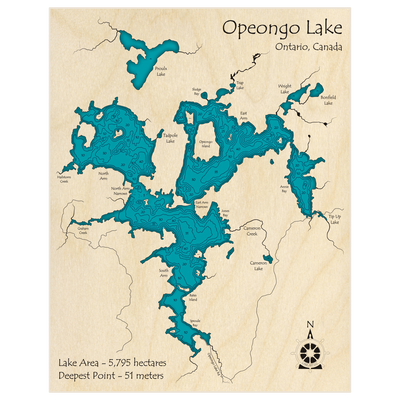 Bathymetric topo map of Opeongo Lake with roads, towns and depths noted in blue water