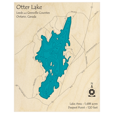 Bathymetric topo map of Otter Lake with roads, towns and depths noted in blue water