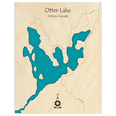 Bathymetric topo map of Otter Lake (near Ministic Lake)  with roads, towns and depths noted in blue water