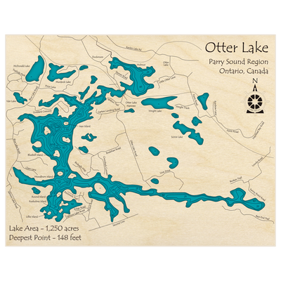 Bathymetric topo map of Otter Lake with roads, towns and depths noted in blue water