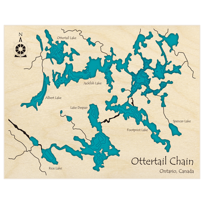 Bathymetric topo map of Ottertail Chain (Jackfish Despair Footprint Albert Ottertail) with roads, towns and depths noted in blue water