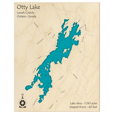 Bathymetric topo map of Otty Lake with roads, towns and depths noted in blue water