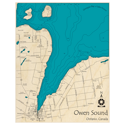 Bathymetric topo map of Owen Sound with roads, towns and depths noted in blue water