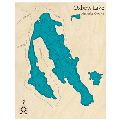 Bathymetric topo map of Oxbow Lake  with roads, towns and depths noted in blue water