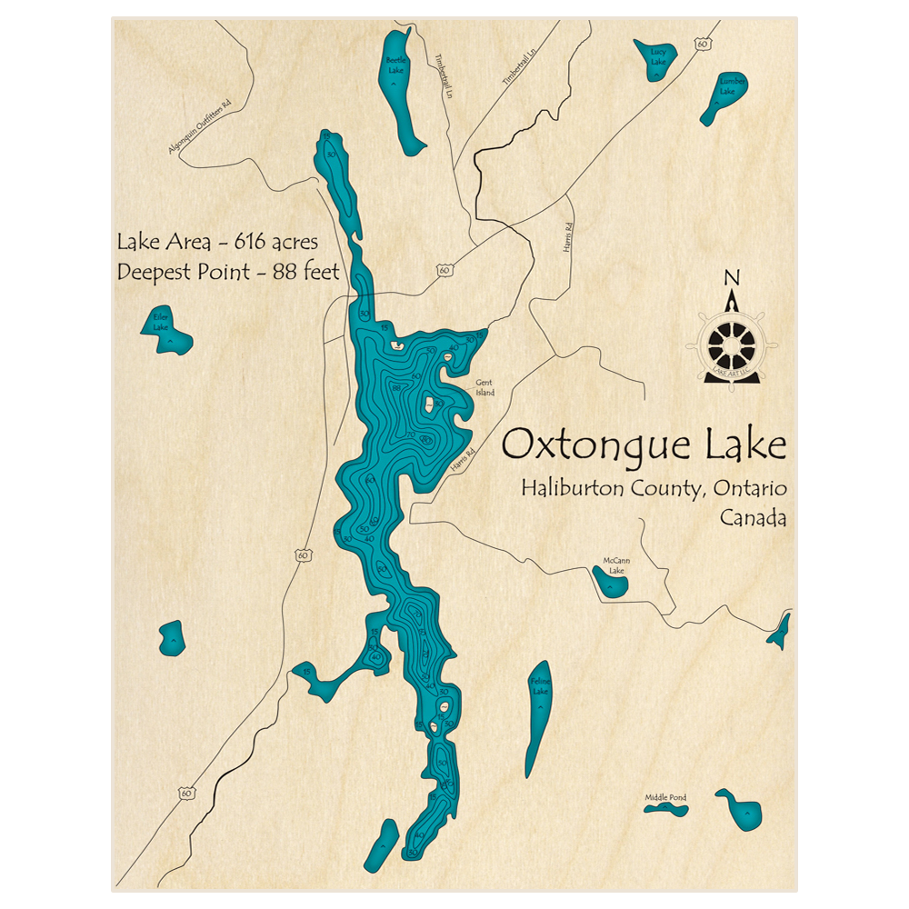 Bathymetric topo map of Oxtongue Lake (Near Algonquin Highlands) with roads, towns and depths noted in blue water