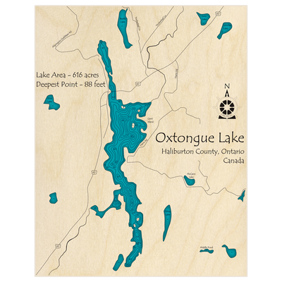 Bathymetric topo map of Oxtongue Lake (Near Algonquin Highlands) with roads, towns and depths noted in blue water