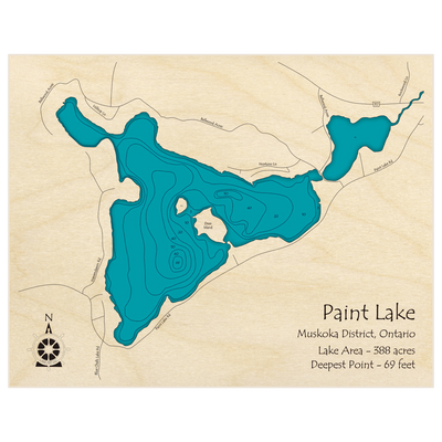 Bathymetric topo map of Paint Lake with roads, towns and depths noted in blue water