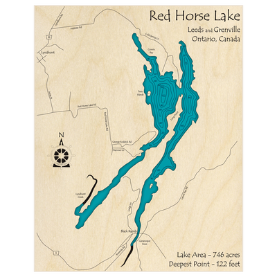 Bathymetric topo map of Red Horse Lake with roads, towns and depths noted in blue water