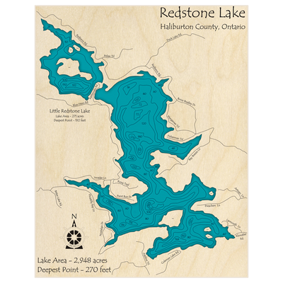 Bathymetric topo map of Redstone Lake with roads, towns and depths noted in blue water