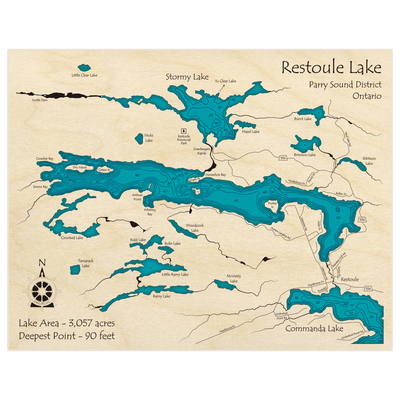 Bathymetric topo map of Restoule Lake with roads, towns and depths noted in blue water