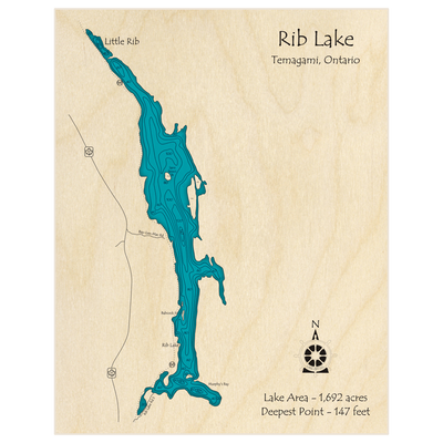 Bathymetric topo map of Rib Lake with roads, towns and depths noted in blue water