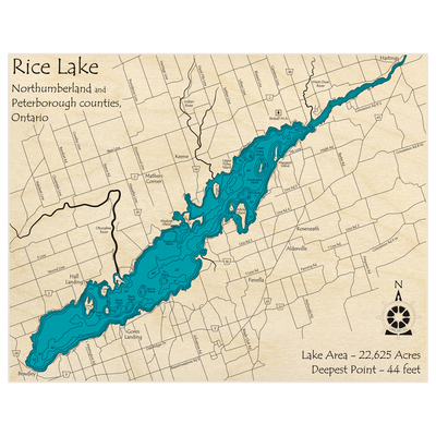 Bathymetric topo map of Rice Lake with roads, towns and depths noted in blue water