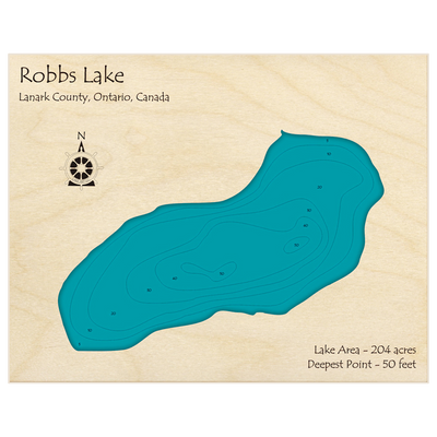 Bathymetric topo map of Robbs Lake with roads, towns and depths noted in blue water