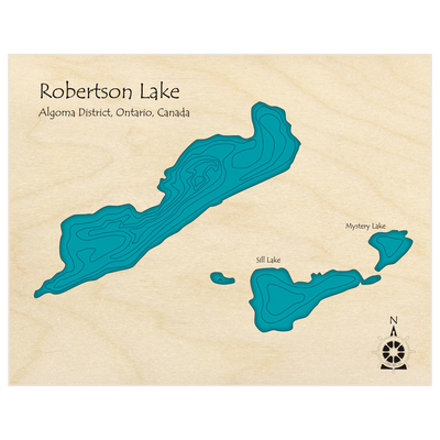 Bathymetric topo map of Robertson Lake (With Sill and Mystery Lakes)  with roads, towns and depths noted in blue water