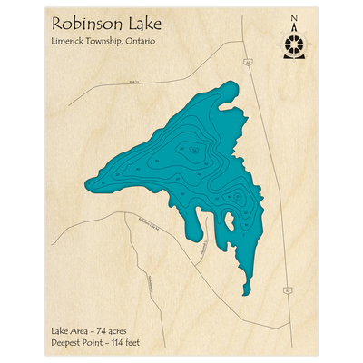 Bathymetric topo map of Robinson Lake with roads, towns and depths noted in blue water