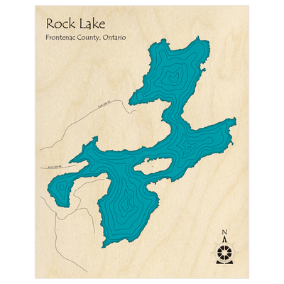 Bathymetric topo map of Rock Lake  with roads, towns and depths noted in blue water