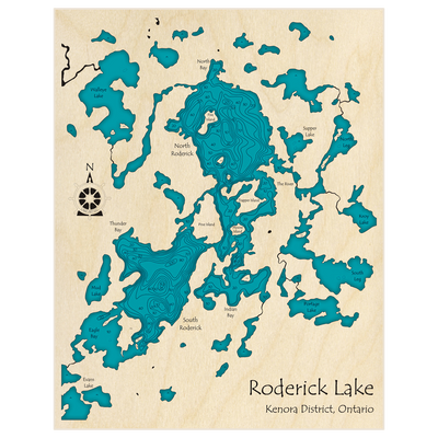 Bathymetric topo map of Roderick Lake with roads, towns and depths noted in blue water