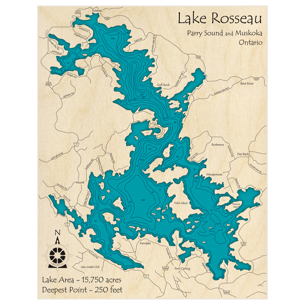 Bathymetric topo map of Lake Rosseau with roads, towns and depths noted in blue water