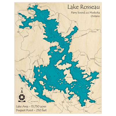 Bathymetric topo map of Lake Rosseau with roads, towns and depths noted in blue water