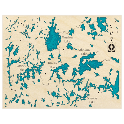 Bathymetric topo map of Sabourin Chain  with roads, towns and depths noted in blue water