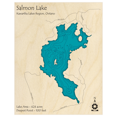 Bathymetric topo map of Salmon Lake with roads, towns and depths noted in blue water