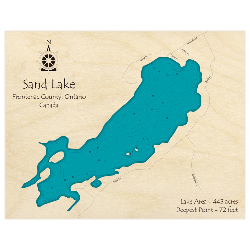 Bathymetric topo map of Sand Lake with roads, towns and depths noted in blue water