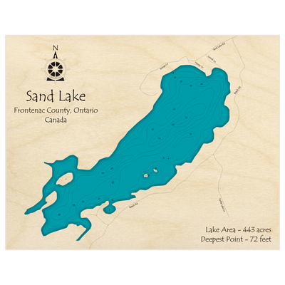 Bathymetric topo map of Sand Lake with roads, towns and depths noted in blue water