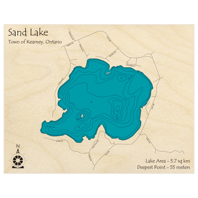 Bathymetric topo map of Sand Lake with roads, towns and depths noted in blue water