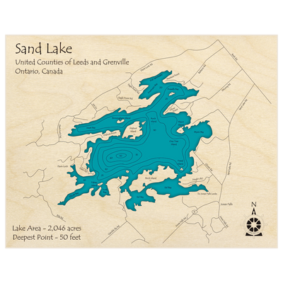 Bathymetric topo map of Sand Lake with roads, towns and depths noted in blue water