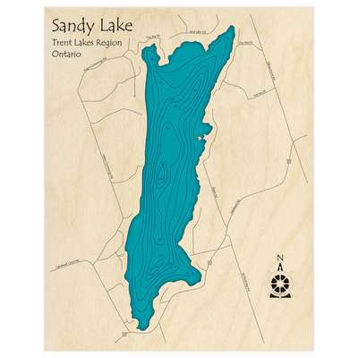 Bathymetric topo map of Sandy Lake with roads, towns and depths noted in blue water