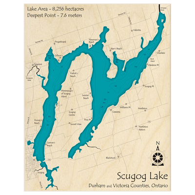 Bathymetric topo map of Scugog Lake with roads, towns and depths noted in blue water