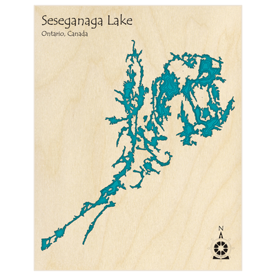 Bathymetric topo map of Seseganaga Lake with roads, towns and depths noted in blue water