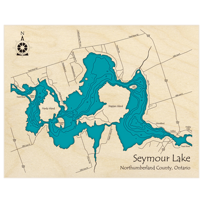 Bathymetric topo map of Seymour Lake with roads, towns and depths noted in blue water