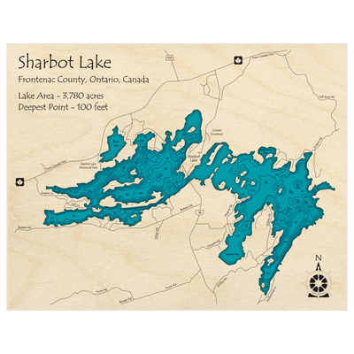 Bathymetric topo map of Sharbot Lake with roads, towns and depths noted in blue water