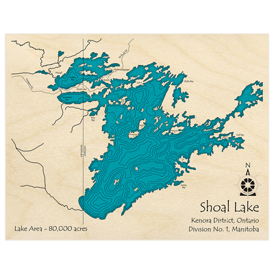 Bathymetric topo map of Lake Shoal with roads, towns and depths noted in blue water