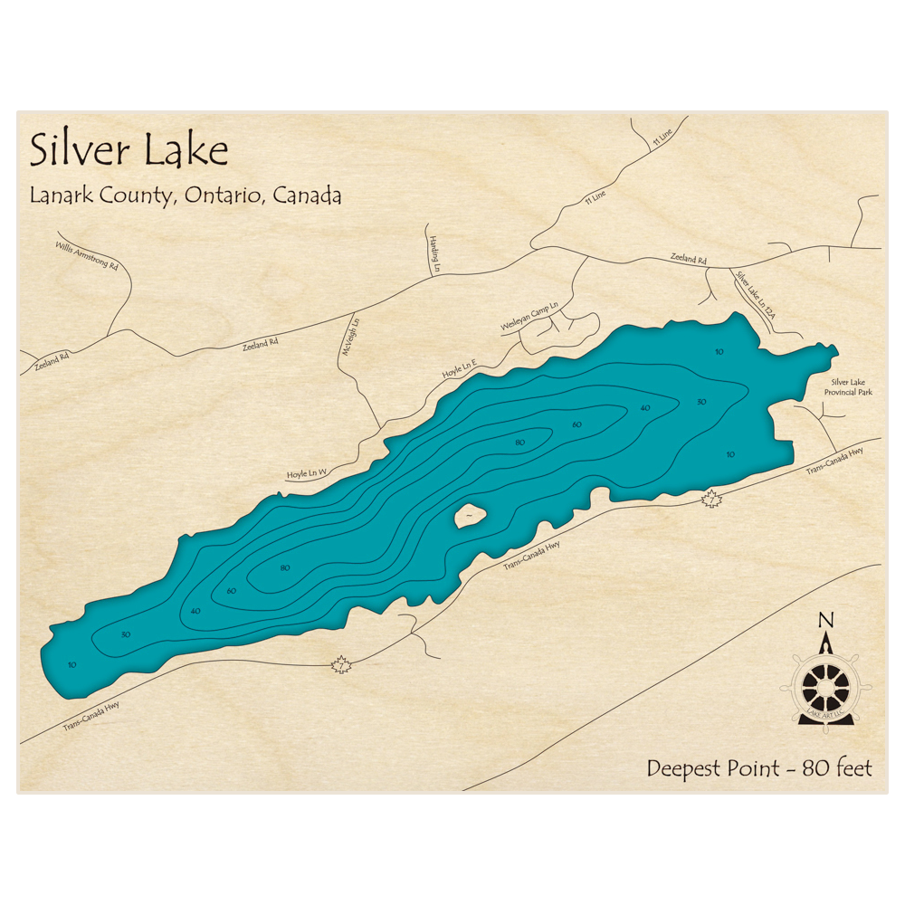 Bathymetric topo map of Silver Lake with roads, towns and depths noted in blue water