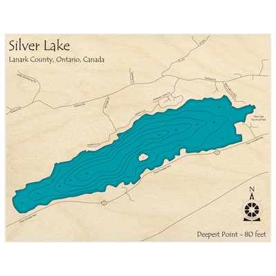 Bathymetric topo map of Silver Lake with roads, towns and depths noted in blue water