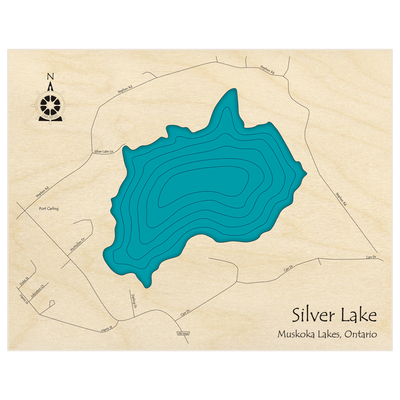 Bathymetric topo map of Silver Lake  with roads, towns and depths noted in blue water