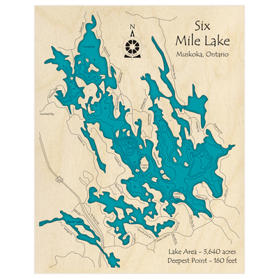 Bathymetric topo map of Six Mile Lake with roads, towns and depths noted in blue water