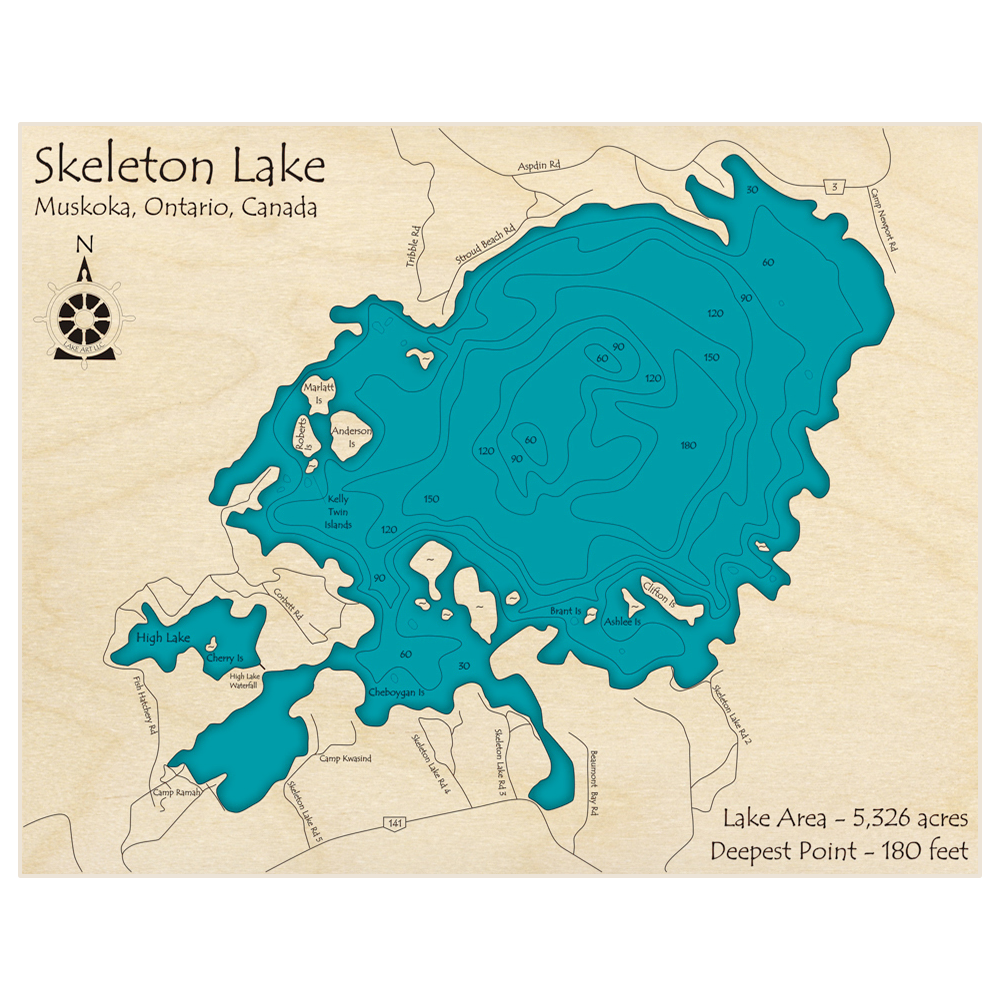 Bathymetric topo map of Skeleton Lake with roads, towns and depths noted in blue water