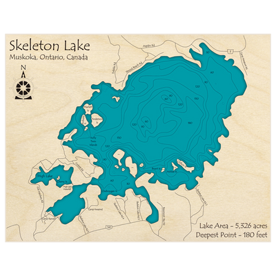 Bathymetric topo map of Skeleton Lake with roads, towns and depths noted in blue water