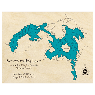 Bathymetric topo map of Skootamatta Lake with roads, towns and depths noted in blue water