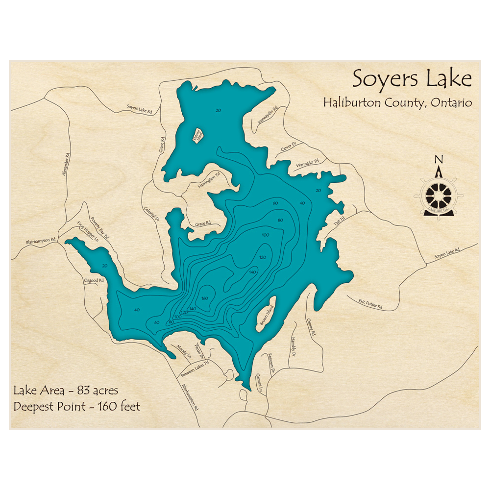 Bathymetric topo map of Soyers Lake with roads, towns and depths noted in blue water