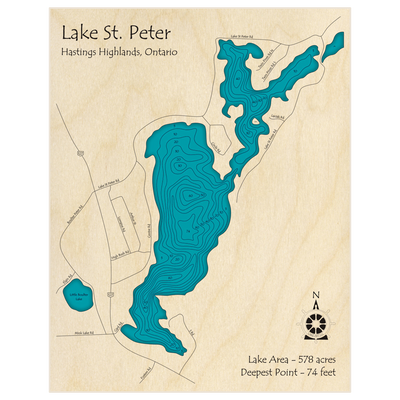 Bathymetric topo map of Lake St Peter with roads, towns and depths noted in blue water