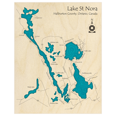 Bathymetric topo map of Lake St Nora (entire lake with Boshkung and Halls)  with roads, towns and depths noted in blue water