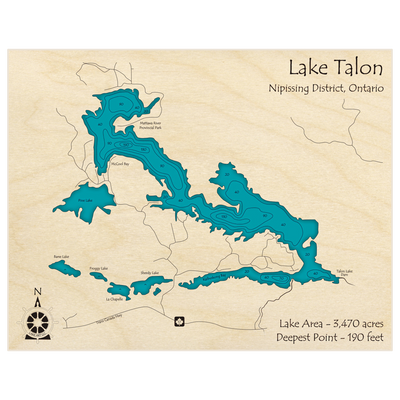 Bathymetric topo map of Lake Talon with roads, towns and depths noted in blue water