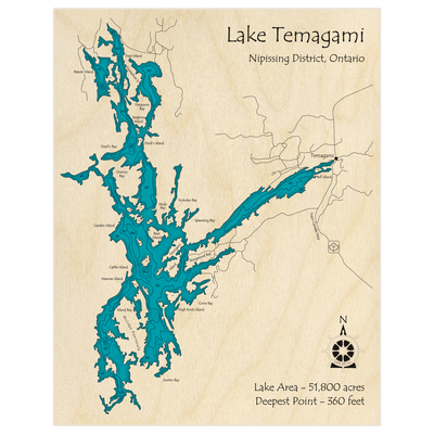 Bathymetric topo map of Lake Temagami with roads, towns and depths noted in blue water