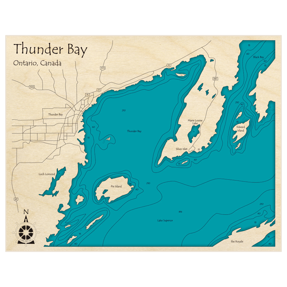 Bathymetric topo map of Thunder Bay with roads, towns and depths noted in blue water